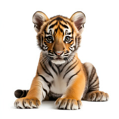 Obraz premium A cute tiger cub sits on a white background, looking directly at the camera with its big, innocent eyes.