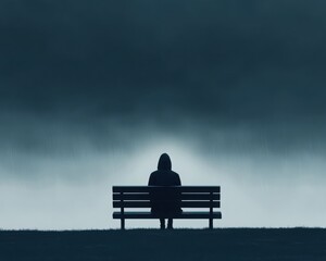 A lone figure sitting on a bench in a rain-soaked park, with a single beam of sunlight breaking through the clouds, representing the first signs of healing after grief