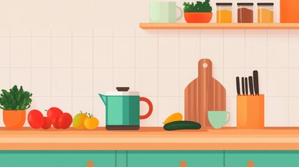 A serene kitchen scene with fresh vegetables, fruits, and herbal teas, symbolizing the connection between nutrition and stress relief.