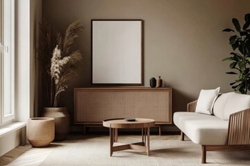 Mockup frame for a stylish living room interior with couch and drawer near window.