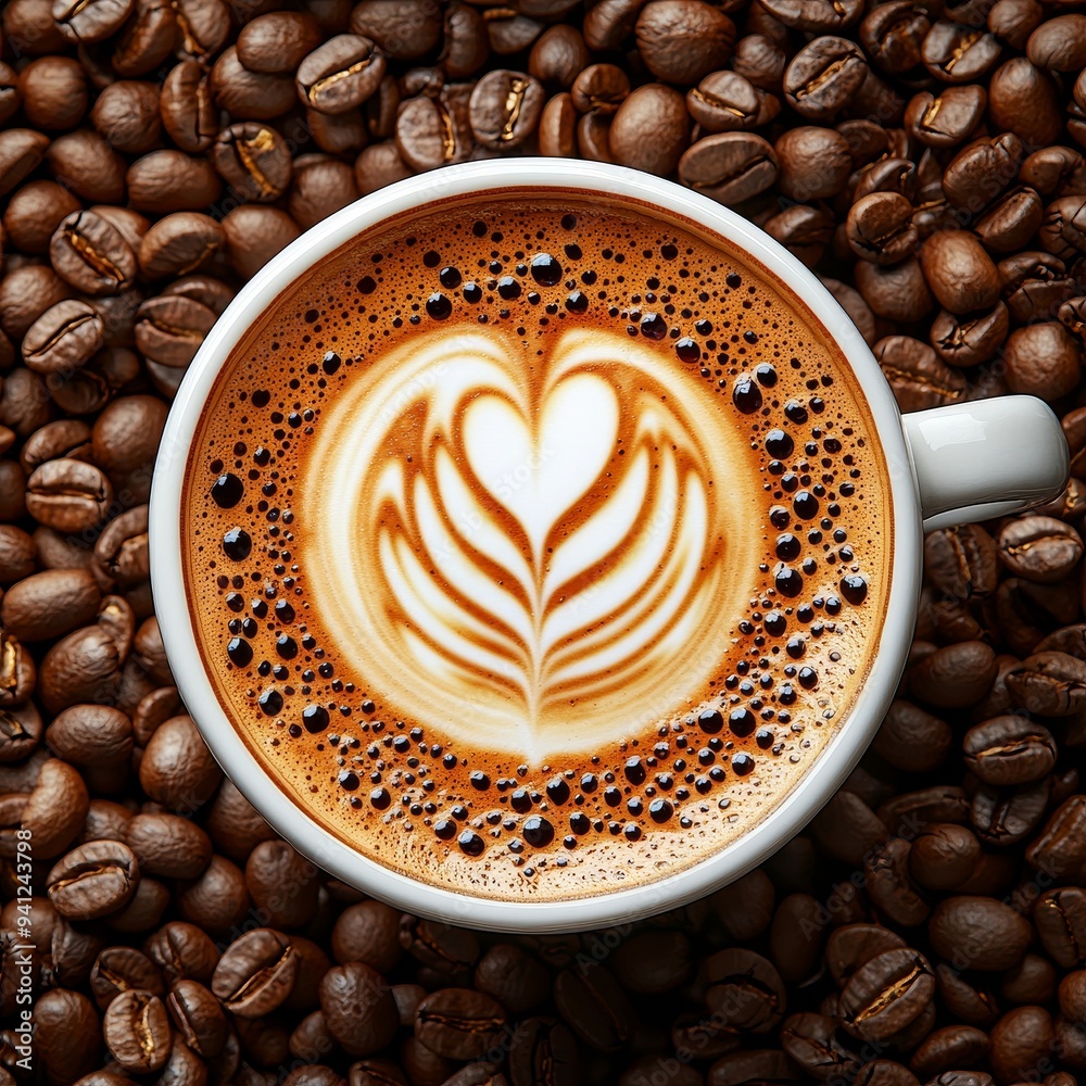 Poster top view of a white latte cup and a coffee bean in a coffeeshop. mixed digital illustrations and mat