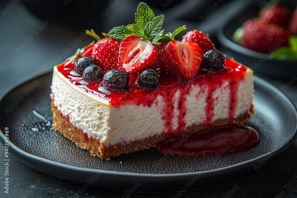 Poster the image shows cheesecakes with fresh berries and strawberries with jam syrup.