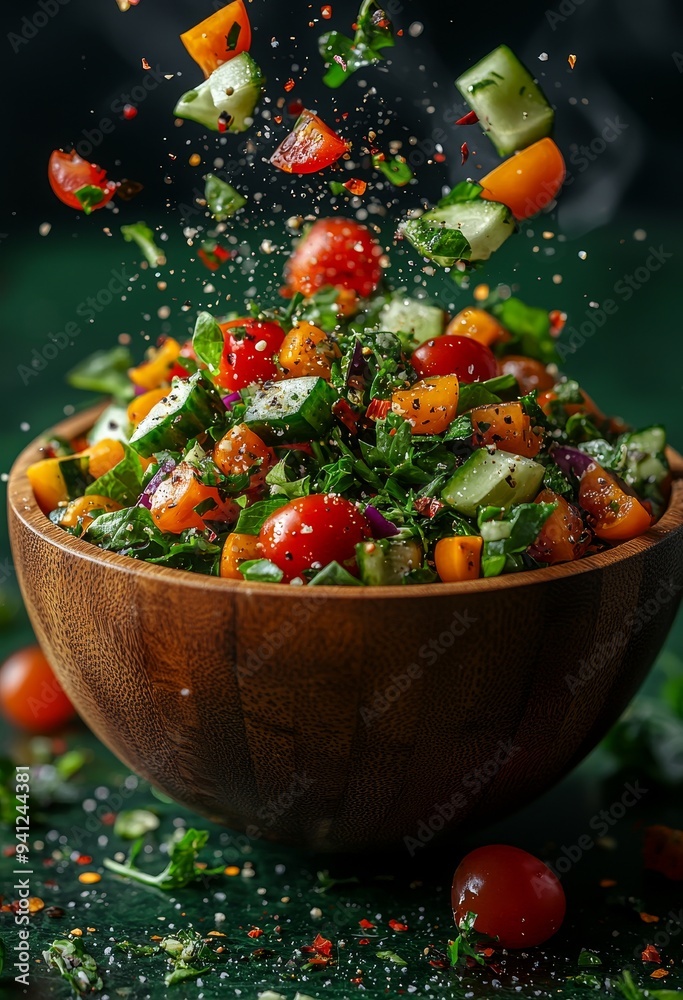 Poster This is a digital rendering of a wooden bowl with salad ingredients floating in the air. It is not based on any actual scene or reference image.