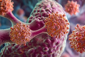 A close-up of lung cancer cells passing through the lung s alveolar membrane, initiating metastasis, Tissue penetration, cancer spread