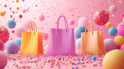 Colorful shopping bags amidst vibrant abstract spheres and confetti, perfect for retail and celebration themes.