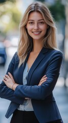 Fototapeta premium Confident Young Businesswoman: Smiling Professional Female Entrepreneur Standing Outdoors with Arms Crossed. Urban Success Portrait for Corporate Marketing, Career Empowerment, and Leadership Concepts