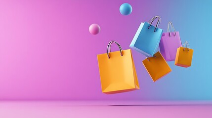 Colorful shopping bags and balls floating against a vibrant pink and blue gradient background, illustrating a fun and lively shopping concept.