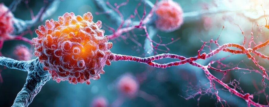 A lung cancer cell in the process of mutating, with metastasis pathways highlighted in the background, Cellular mutation, metastatic spread