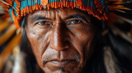 Obraz premium portrait of indigenous elder in traditional regalia weathered face kind eyes soft natural lighting earthy background celebrating cultural heritage and wisdom