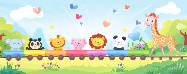 Naklejka premium Rainbow train with animals on the background
