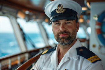 Captain of cruise ship standing in uniform on navigational bridge