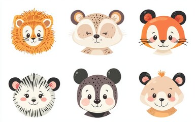 Obraz premium Illustration with cartoon cute animals for baby cards. Lion, dog, bunny, panda, tiger, cat, and fox.