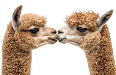 Obraz premium The sound of an alpaca whispering at another alpaca against a white background