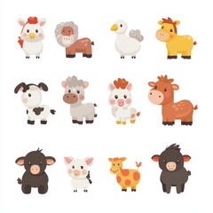 Animated cartoon farm animals. Set of cows, horses, chickens, bunnies, pigs, goats, and sheep.