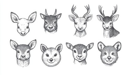 Fototapeta premium A sketch of forest animals: hares, lynxes, martens, boars, moose, wolves, deer, foxes, bears, and racoons