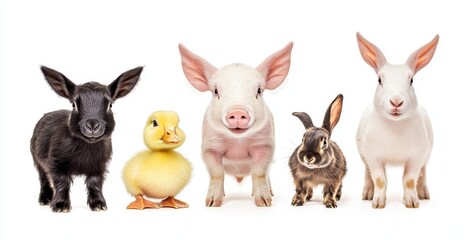 An isolated white background shows a group of cute farm animals