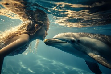 Dolphin swims with a girl. Swimming with dolphins, communication with animals.