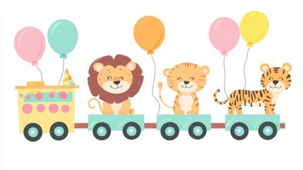 Obraz premium A bunch of cute animals riding on a train. River animals ride on toy locomotive. Elephant, giraffe and monkey riding on a train cartoon illustration set isolated on a white background.