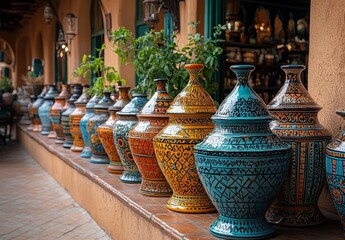 Fototapeta premium Local souk bazaar market with tajine or tagine cooking pots