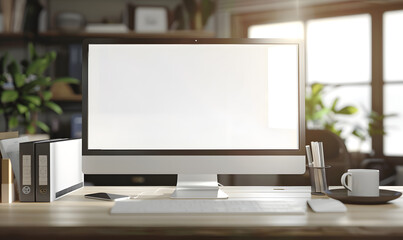 Bright modern office setup featuring a computer with a blank white mockup screen on a minimalist oak desk, perfect for design mockups