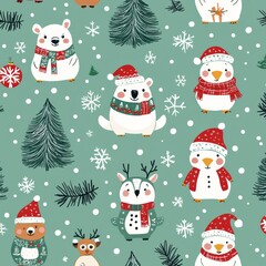 The forest is filled with winter animals and has a seamless pattern. The illustration is modern.