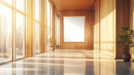 Obraz premium The modern office interior features wooden walls, floor-to-ceiling windows, and plants against a cityscape backdrop.