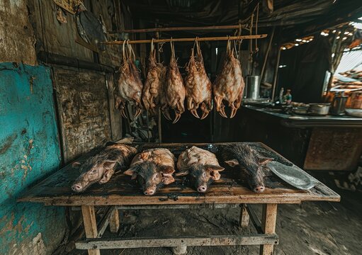 Saudi Arabia, Najran Province, animal skin water-bags above a bathtub