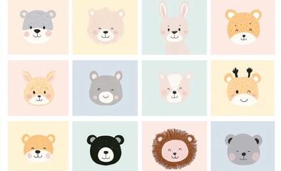 Obraz premium Design for baby clothes featuring hare, tiger, bear, sloth, cat, koala, fox, alpaca, llama, panda, penguin, lion, dog, goat, pig. Hand drawn characters. Modern illustration.