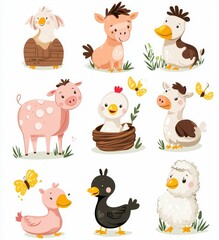 Fototapeta premium Farm animals illustrated in cute cartoon style. Funny horses, cows, hens, geese, and goats.