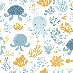 Animated underwater world, sea ocean pattern, cartoon illustration hand drawing with animals and plants