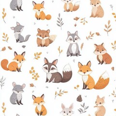 Incredibly cute woodland animals in Scandinavian style. White background with forest characters. Contemporary design.