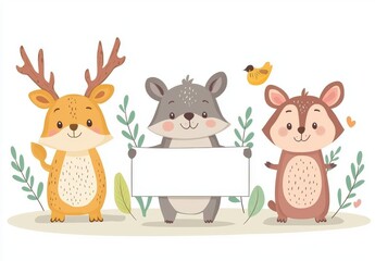 Naklejka premium An empty banner holds forest animals. Wolf, hedgehog, hare, fox, owl and bear with board in woodland. Children's modern nature illustration with text space.