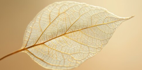 Fototapeta premium Delicate translucent leaf illuminated by soft light, showcasing intricate veining and texture
