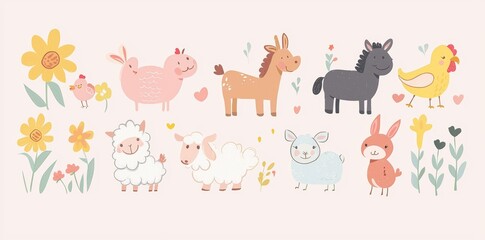 Fototapeta premium Farm animals and poultry collection. Vector. A collection of pet animals, farm animals and poultry. A collection of dogs, cats, and mice.
