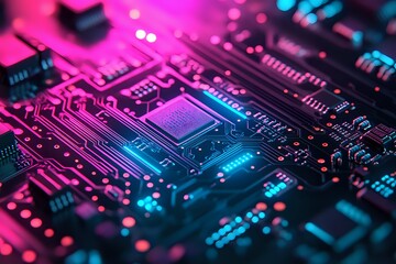 Fototapeta premium Circuit Board Closeup with Neon Lights, Abstract Technology Background