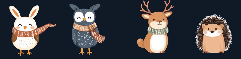 Obraz premium The cutest cartoon animals set. Funny woodland characters on a dark background. A modern illustration.