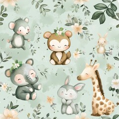 Naklejka premium Baby animal seamless pattern illustration in watercolor for nursery
