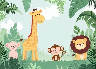 Naklejka premium Modern hand-drawn illustration in cartoon style of a group of African kids animals. Funny cute elephant, lion, giraffe, zebra and monkey on the background of a rainforest park.