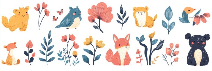 Nursery baby pattern illustration. Baby poster collection. Baby animals pattern. Contemporary illustration with cute animals.