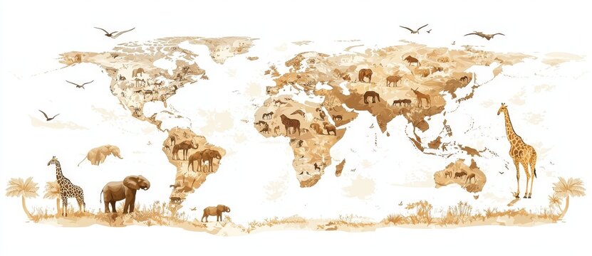A children's room wallpaper design featuring a drawn map of the world in Russian. Jungle photo wallpaper. Children's wall decor.