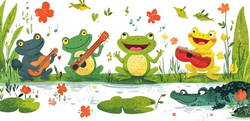 Naklejka premium The animals of the swamp or pond are participating in a music festival. Frogs playing musical instruments. There is amusing wildlife on the lake for children. Watercolor illustration in the modern
