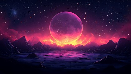 A large, glowing pink moon hangs over a mountainous landscape, with a starry night sky and a red glow reflecting off the clouds.