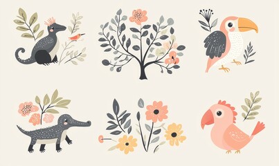 Fototapeta premium Isolated illustrations of Australian animals and trees in modern style
