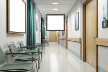 Mockup frame and bed of modern hospital room interior with monitor and door