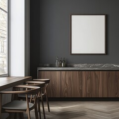 An interior of a home kitchen featuring a dinner table and a kitchen cabinet. Mockup poster.