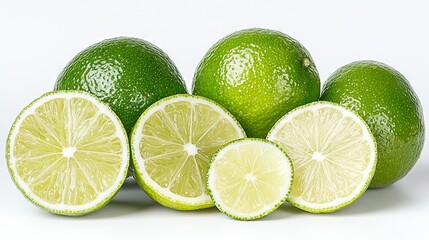   A group of limes with one cut in half and the other whole, on a white background