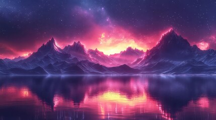 retrofuturistic mountain landscape neon lights illuminating peaks synthwave aesthetic starry night sky with geometric elements
