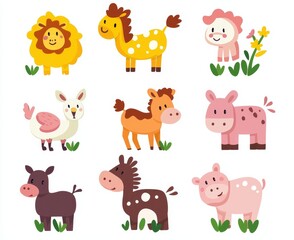 Bingo cards featuring cute farm animals. Lotto board game for kids with cute goats, pigs, horses, and cows. Educative printable worksheet.