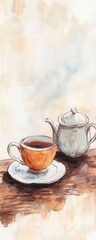 Fototapeta premium A serene still life of a teacup and teapot, creating a warm atmosphere perfect for tea lovers and cozy settings.