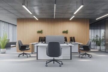 Fototapeta premium An office business interior with a meeting room and coworking space